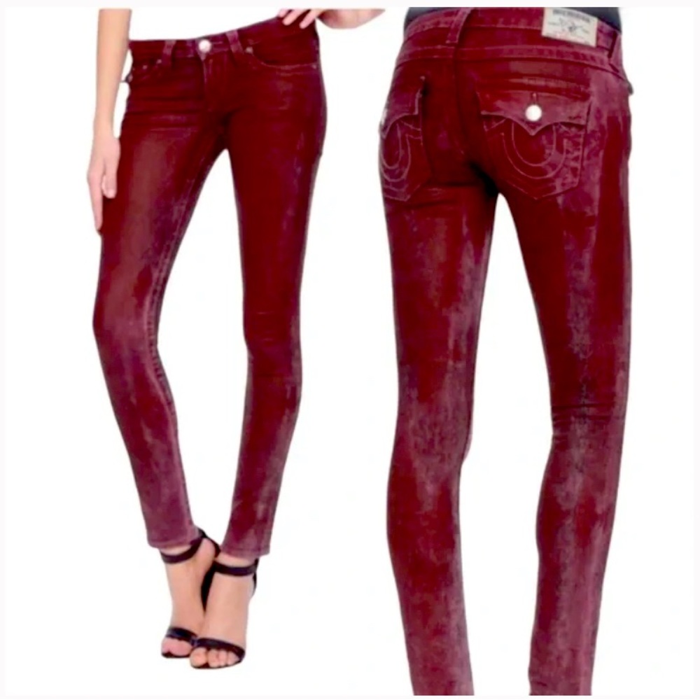 True Religion Coalwood Red Burgundy World Tour Low Rise  Skinny Jeans